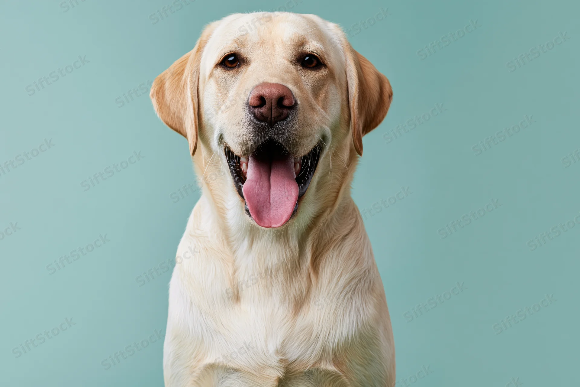 Young golden labrador retriever sitting upright facing camera in studio portrait