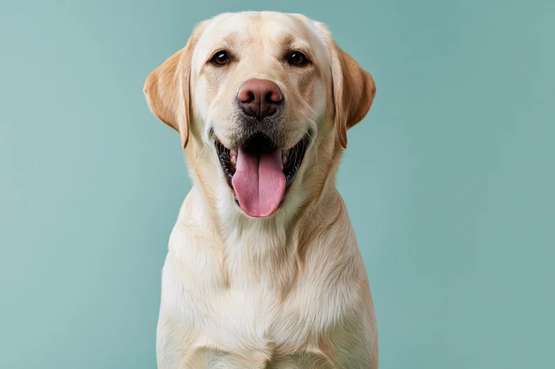 Young golden labrador retriever sitting upright facing camera in studio portrait