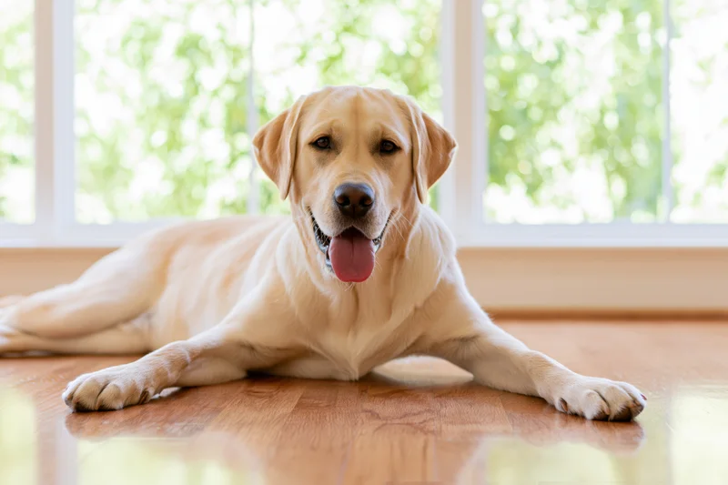 Young golden labrador retriever lying relaxed on hardwood floor indoors near window