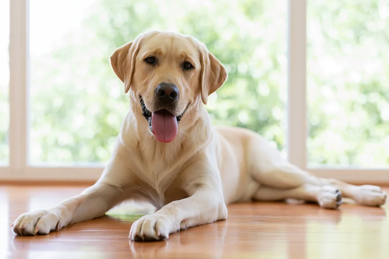 Young golden labrador retriever lying relaxed on hardwood floor by window