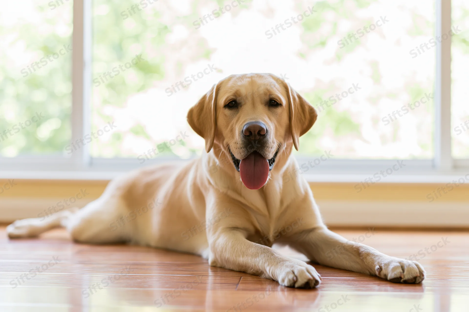 Young golden labrador retriever lying relaxed on hardwood floor by window