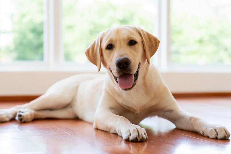 Young golden labrador retriever lying relaxed on hardwood floor indoors near window