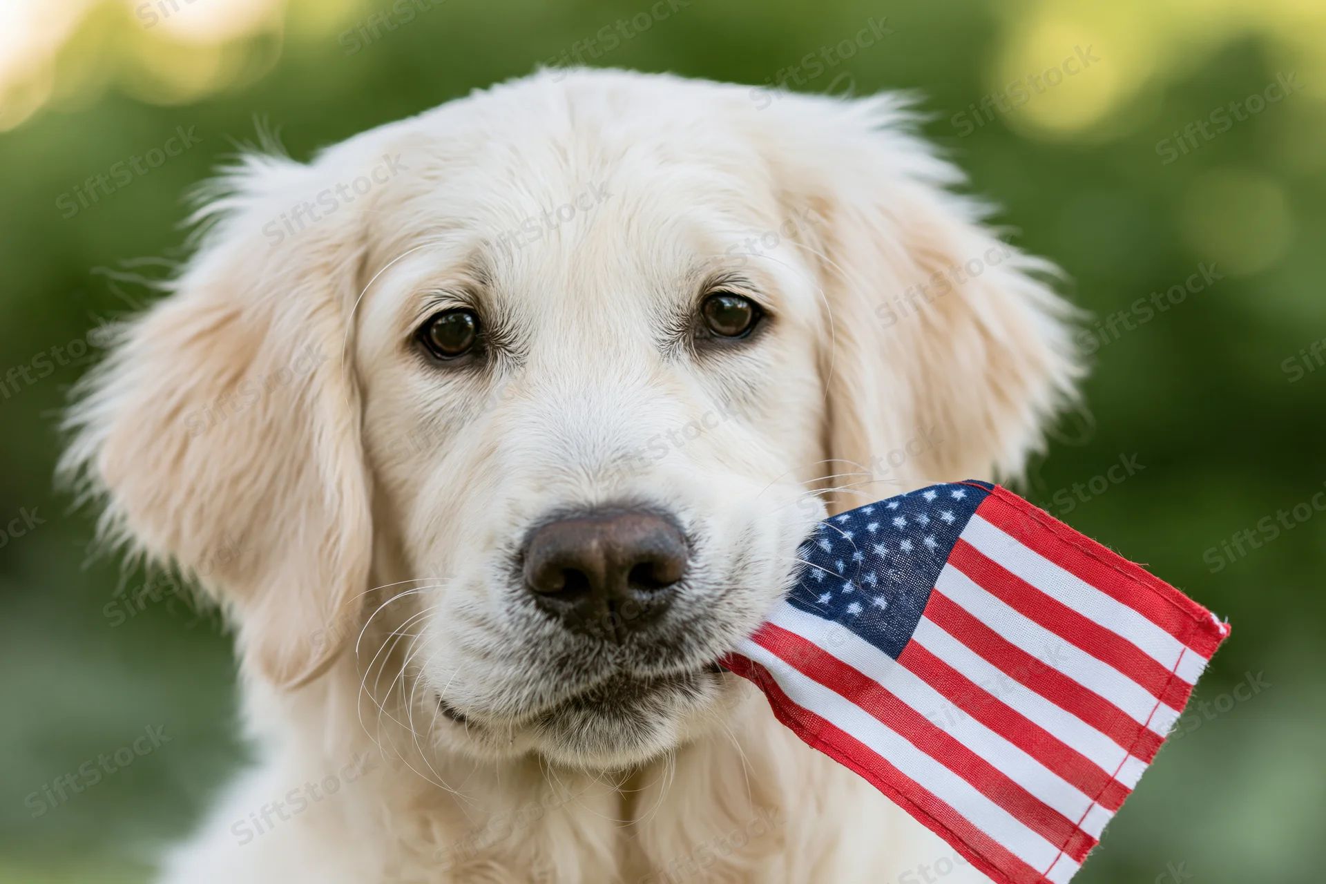 Golden retriever puppy holding small american flag in mouth outdoors in summer greenery