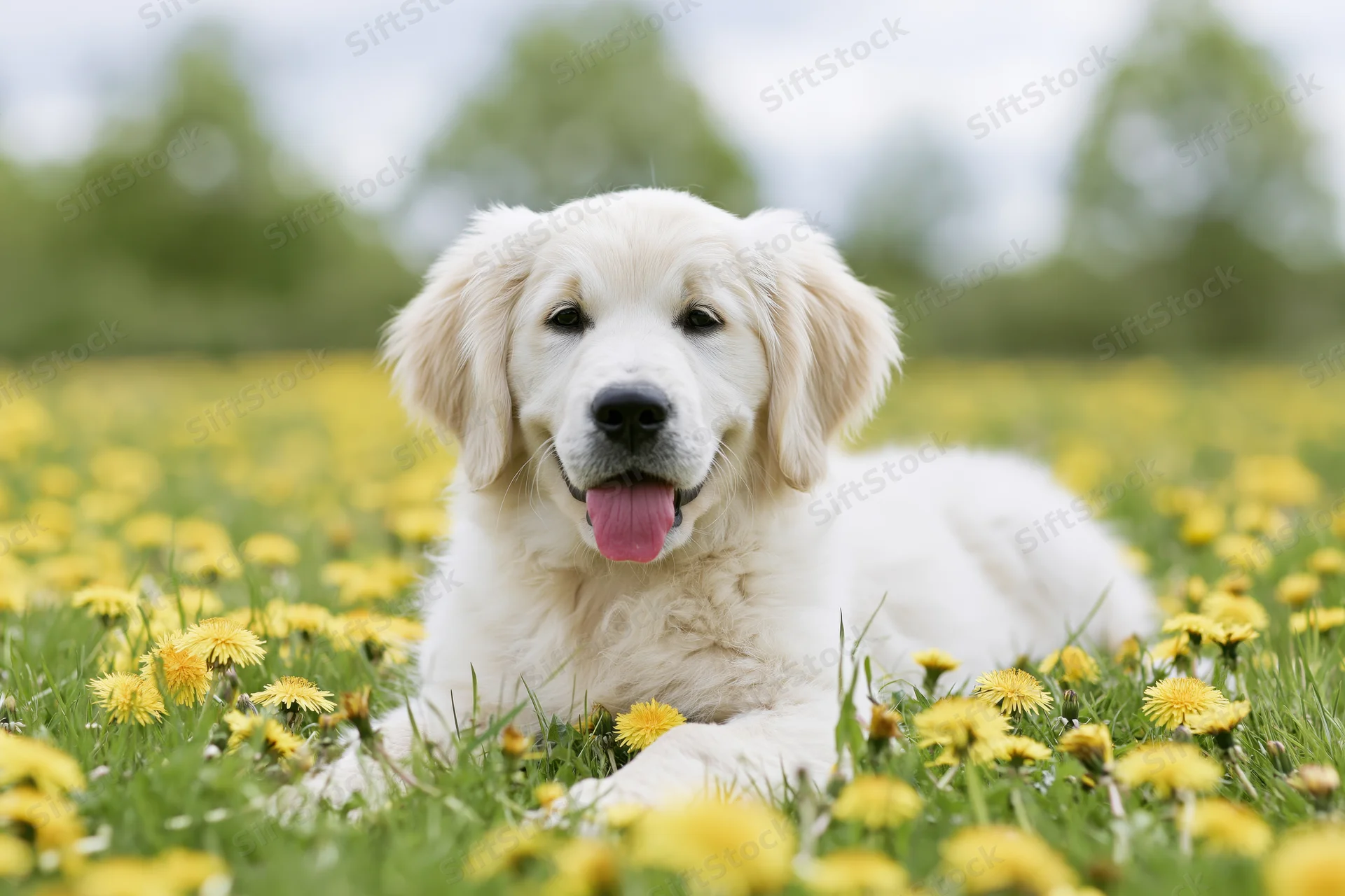 Golden retriever puppy lying in a field of yellow dandelions among green grass