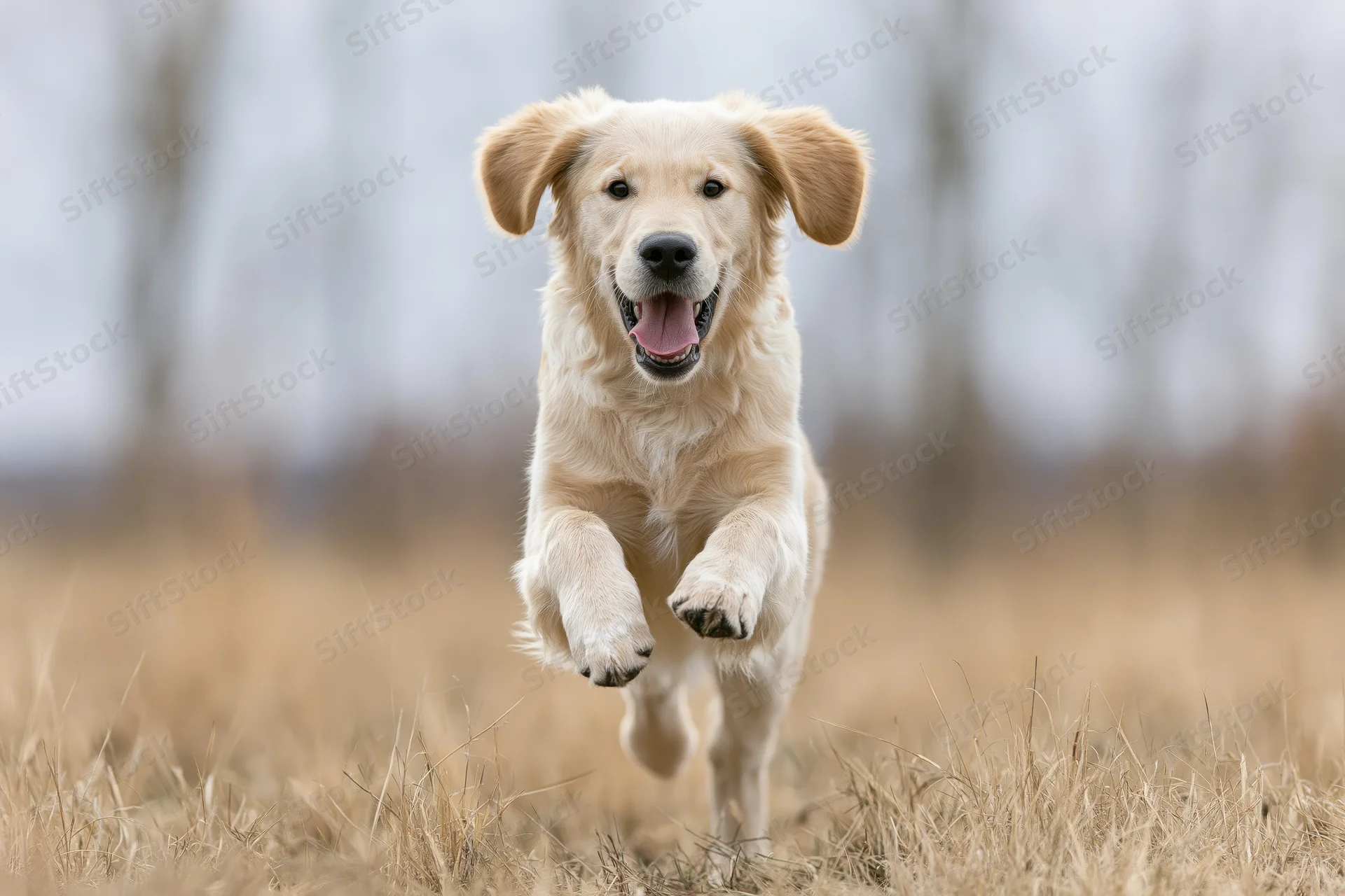 Young golden retriever running toward camera in a grassy field