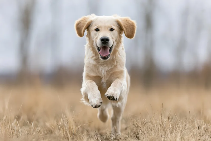 Young golden retriever running toward camera in a grassy field