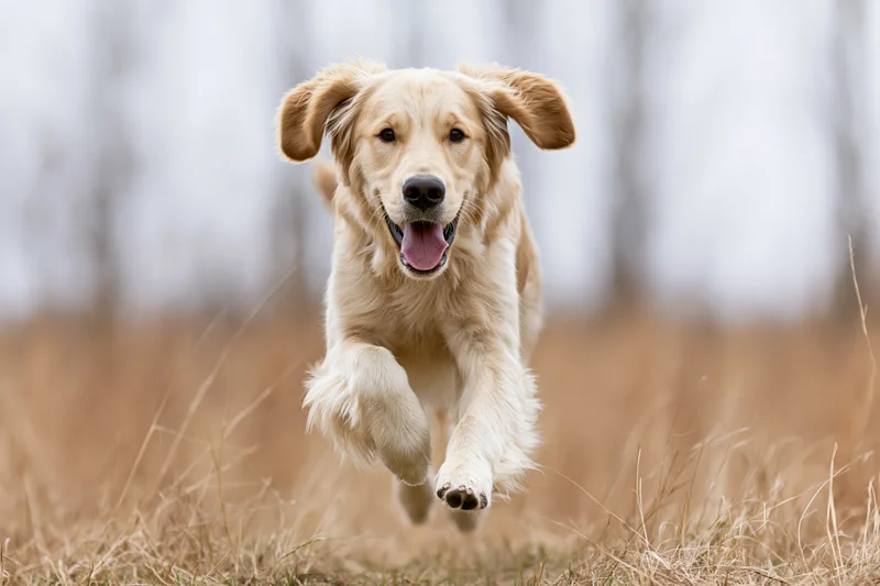 Young golden retriever running full speed toward camera in a grassy field