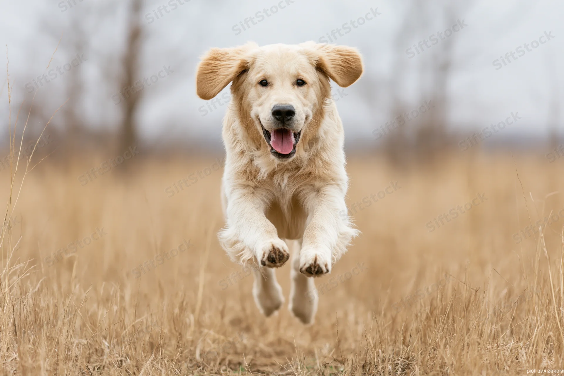 Young golden retriever running full speed toward camera in a dry grass field