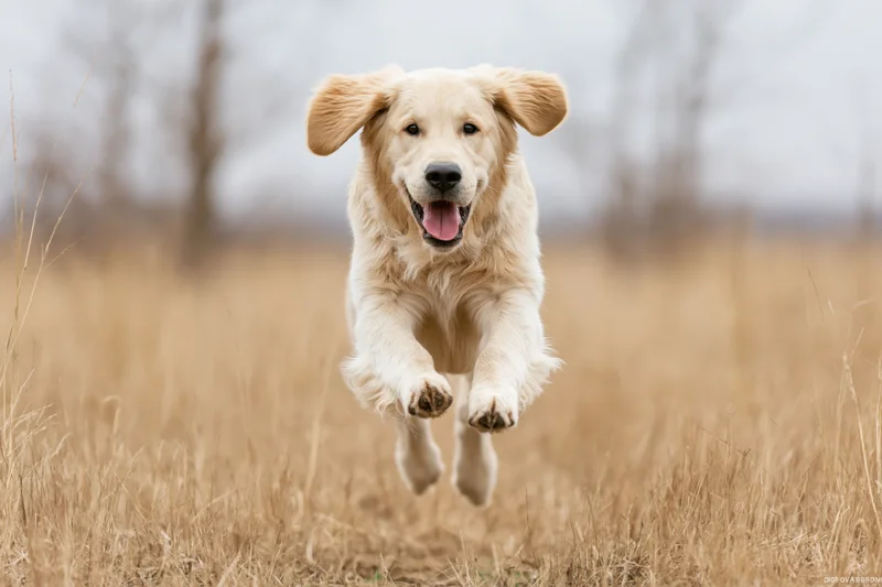 Young golden retriever running full speed toward camera in a dry grass field