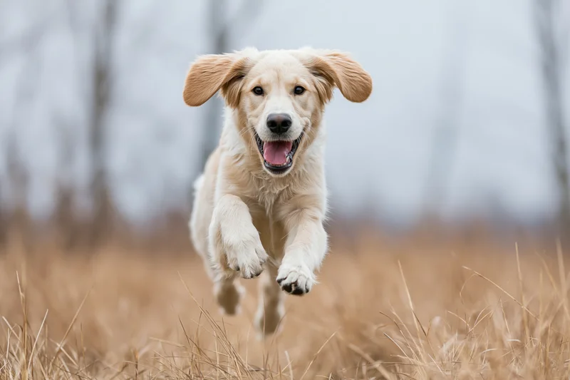 Young golden retriever running toward camera in a dry grass field
