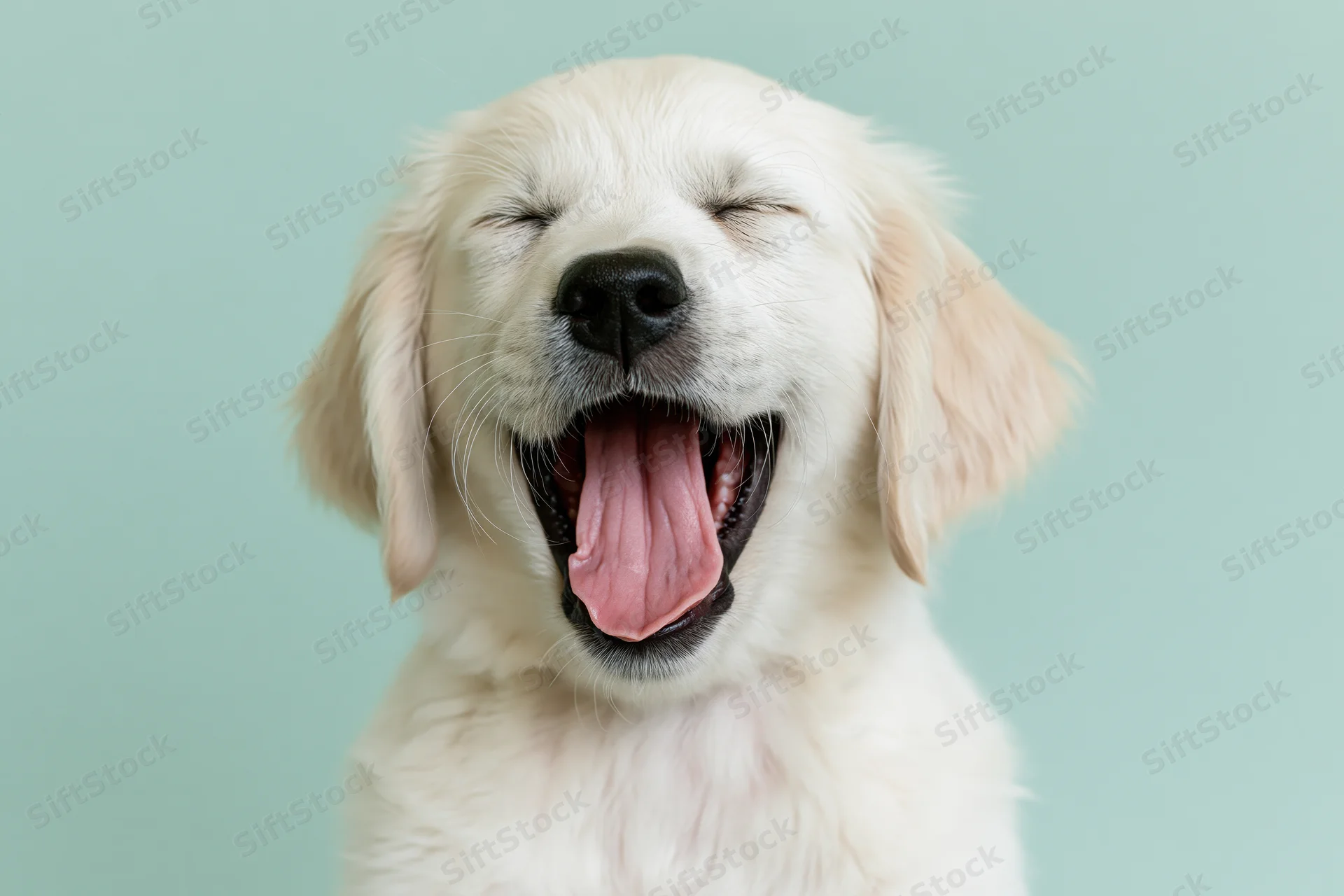 Young white golden retriever puppy yawning with eyes closed in studio portrait