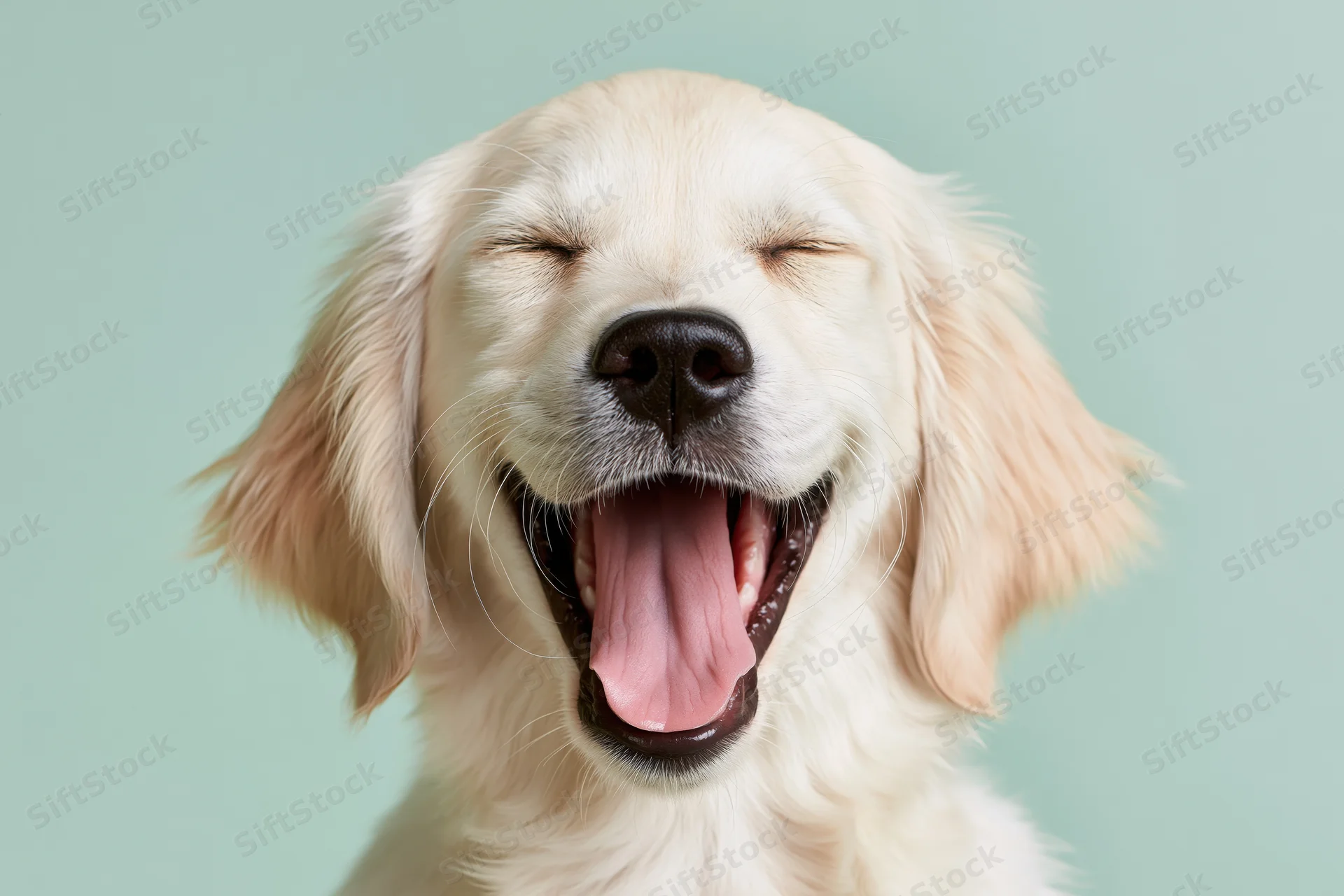 Young golden retriever puppy with mouth wide open and eyes closed in a studio portrait