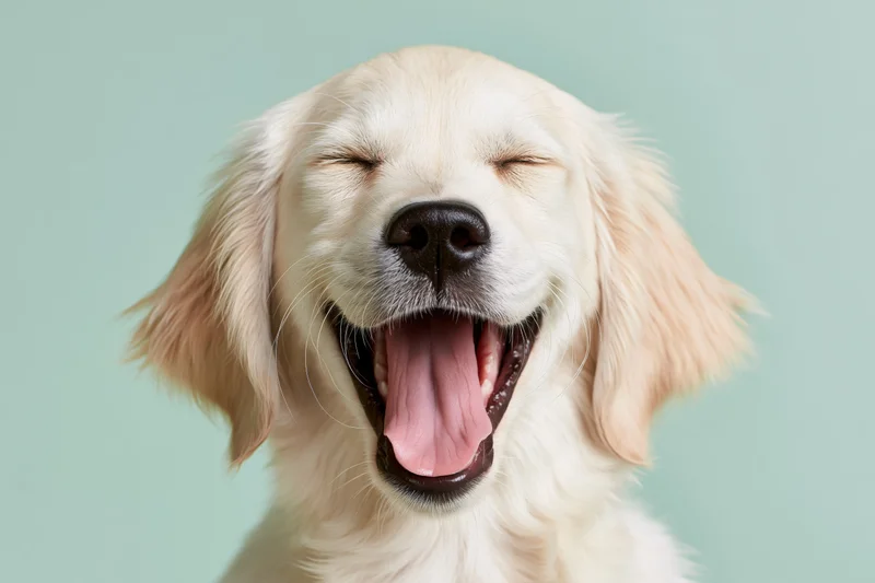 Young golden retriever puppy with mouth wide open and eyes closed in a studio portrait