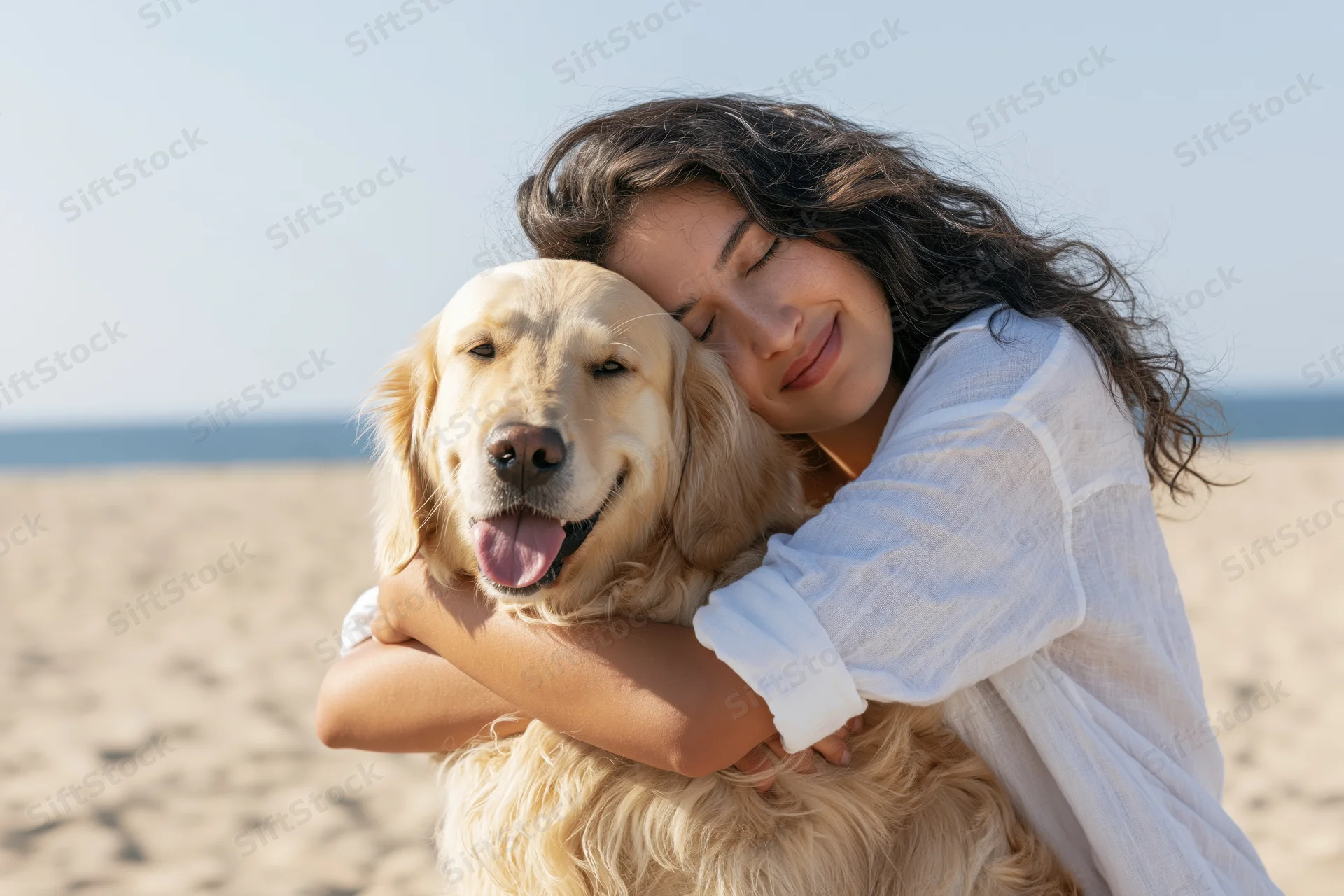 Woman hugging golden retriever on sandy beach with ocean in background