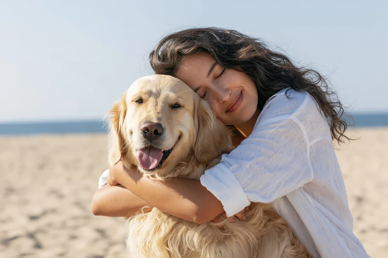 Woman hugging golden retriever on sandy beach with ocean in background