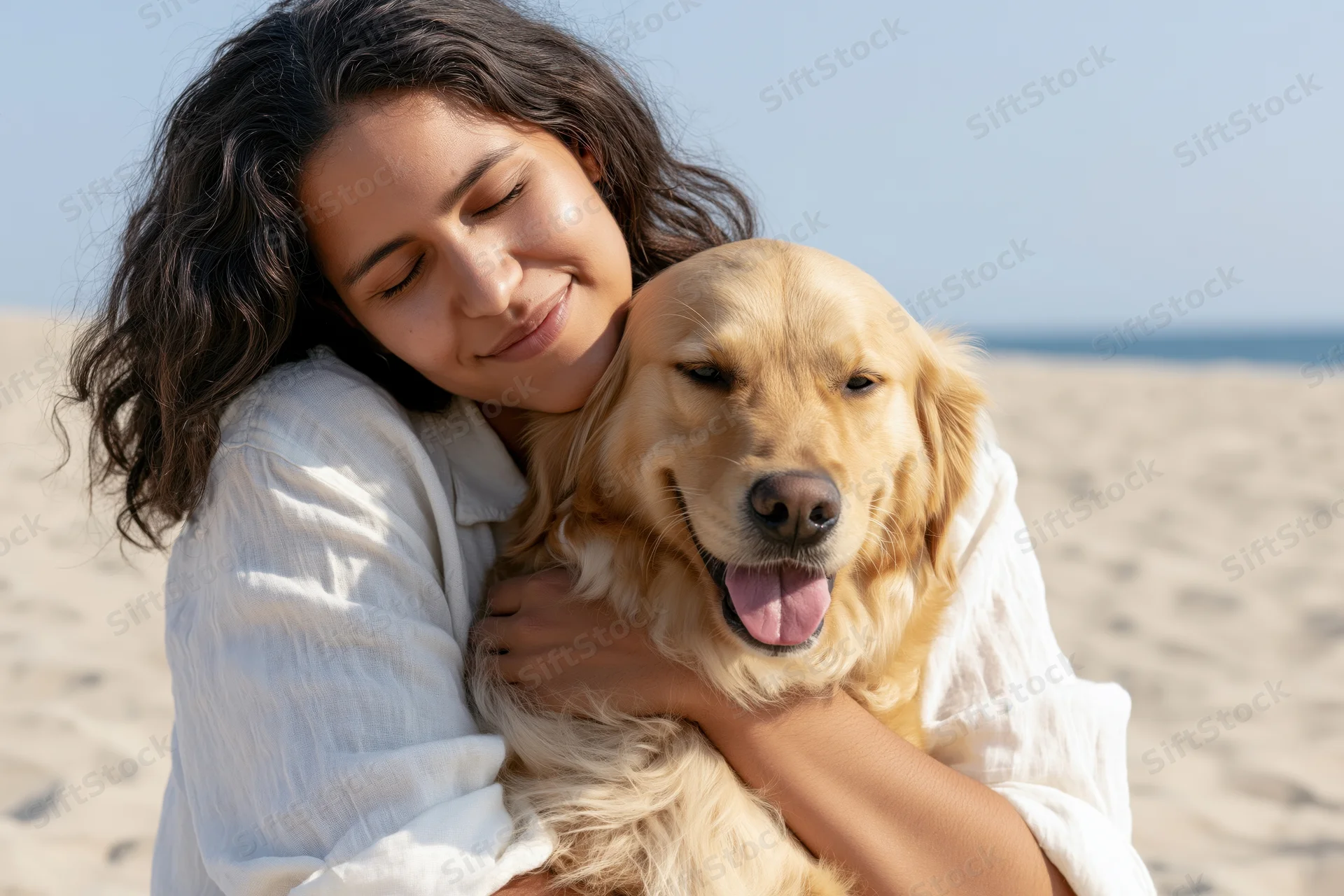 Young woman hugging golden retriever on sandy beach by ocean