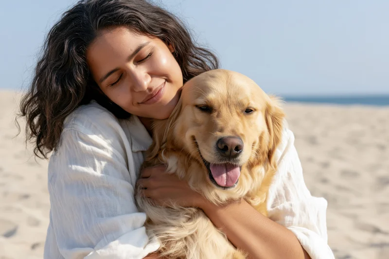 Young woman hugging golden retriever on sandy beach by ocean