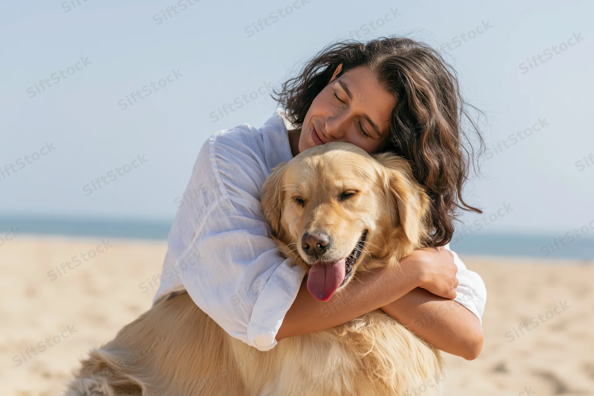 Woman hugging golden retriever on sandy beach with ocean in background