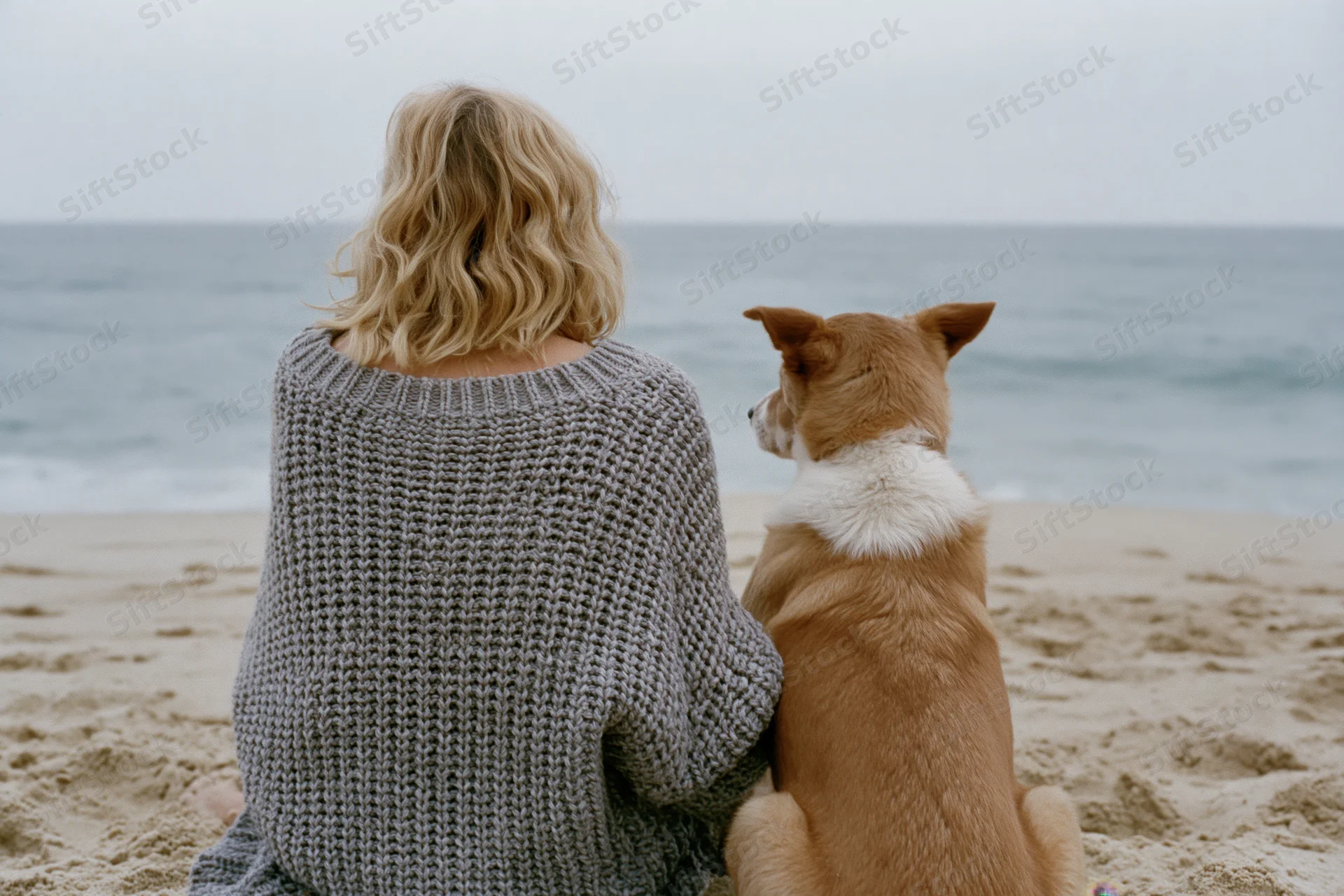 Woman and dog sitting on sandy beach facing ocean