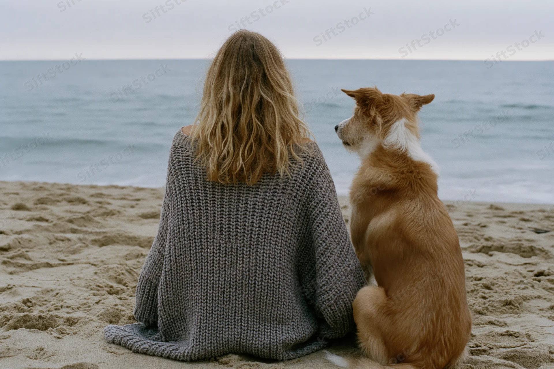 Woman and dog sitting side by side on sandy beach facing ocean