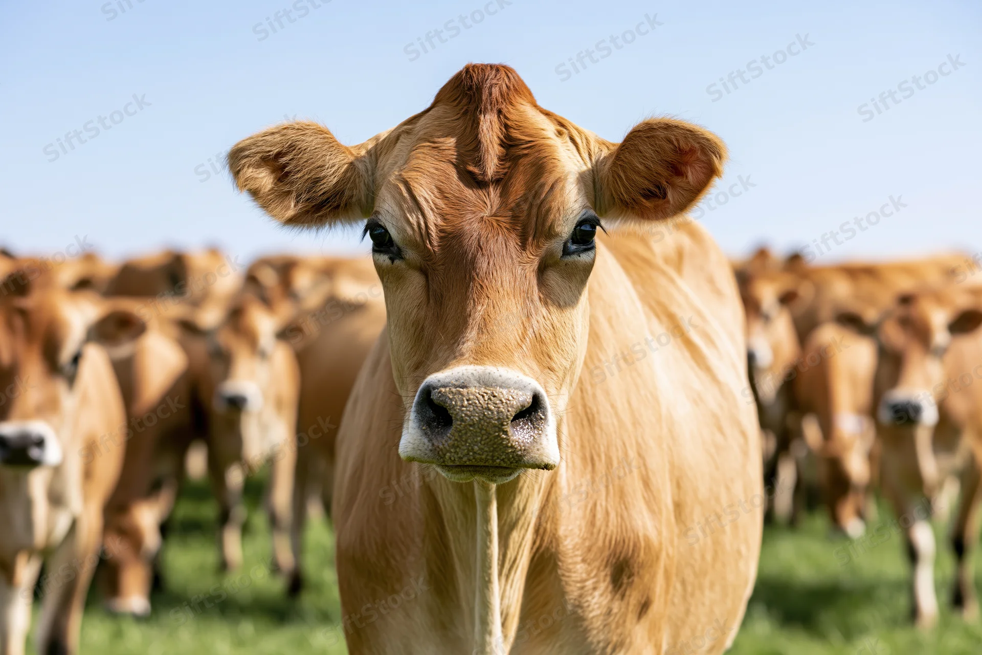 Jersey cow facing camera in closeup on grassy pasture with herd in background