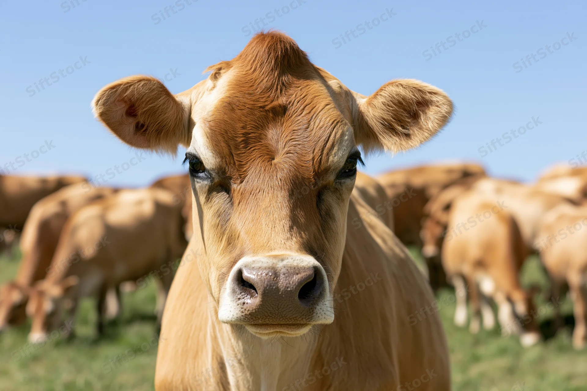 Jersey cow facing camera in closeup on grassy pasture with herd in background