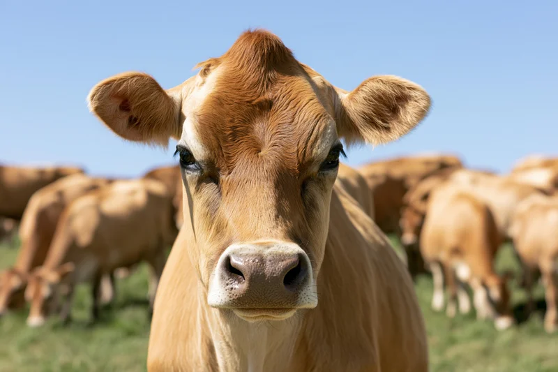 Jersey cow facing camera in closeup on grassy pasture with herd in background