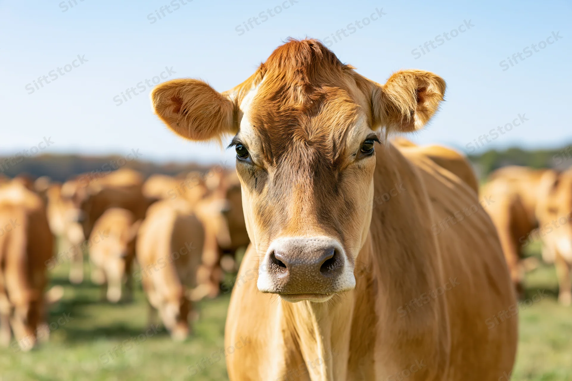 Jersey cow facing camera in close-up on grassy pasture with herd in background