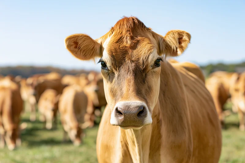 Jersey cow facing camera in close-up on grassy pasture with herd in background