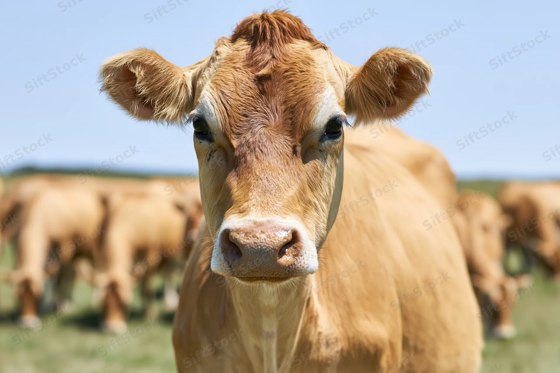 Jersey cow facing camera in closeup on grassy pasture with herd in background