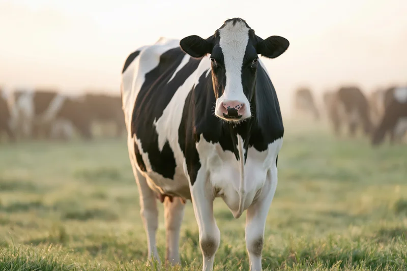 Holstein cow standing in a grassy pasture with herd in background