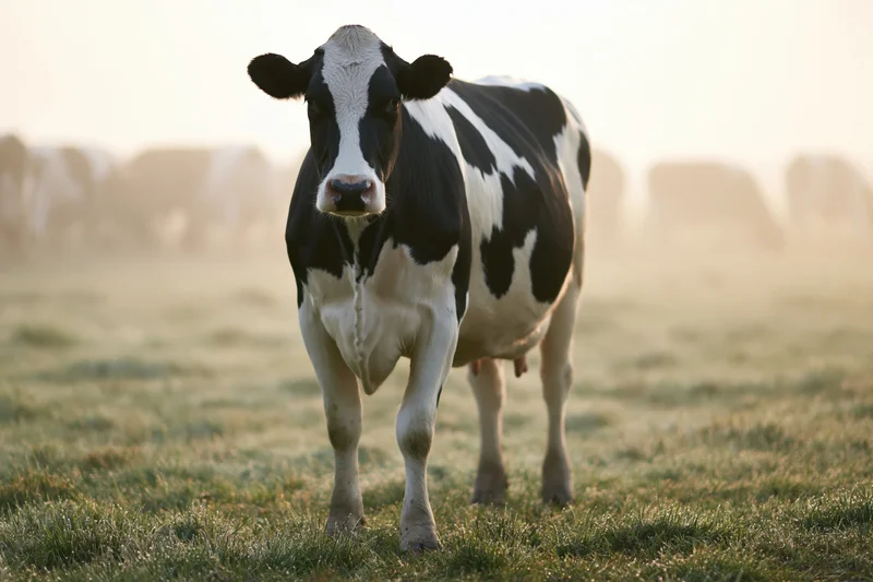 Holstein cow standing in a grassy pasture at sunrise