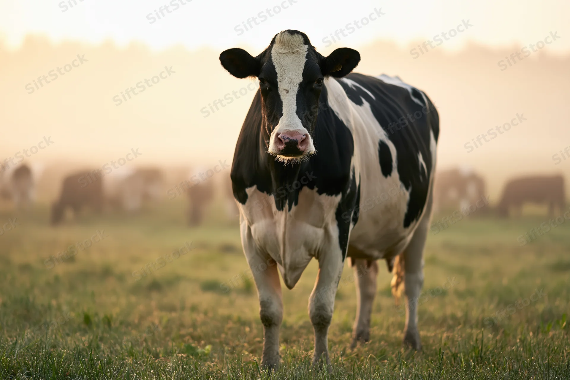 Holstein cow standing in a grassy pasture at sunrise with other cattle in the background