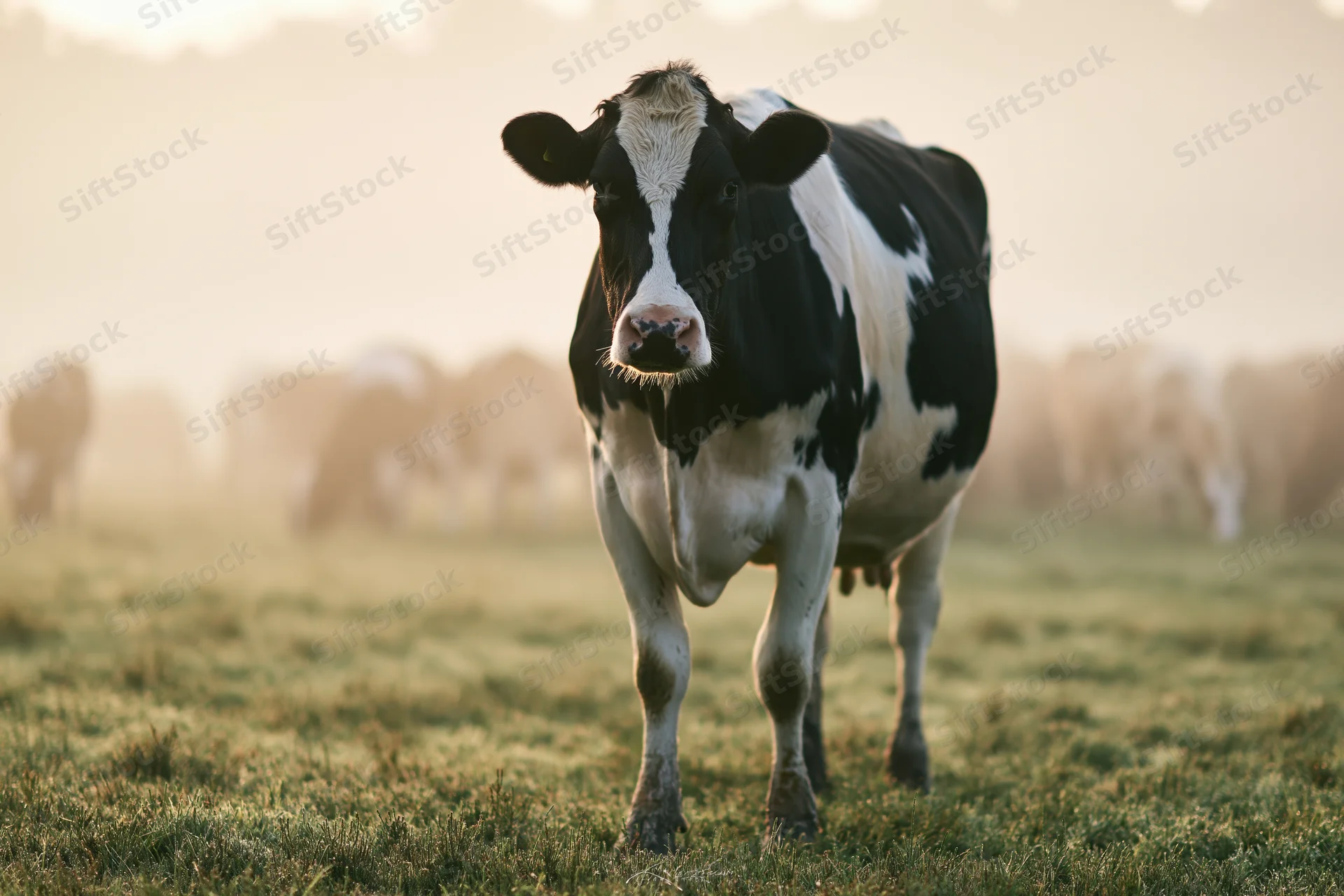 Holstein cow standing in a grassy pasture at golden hour