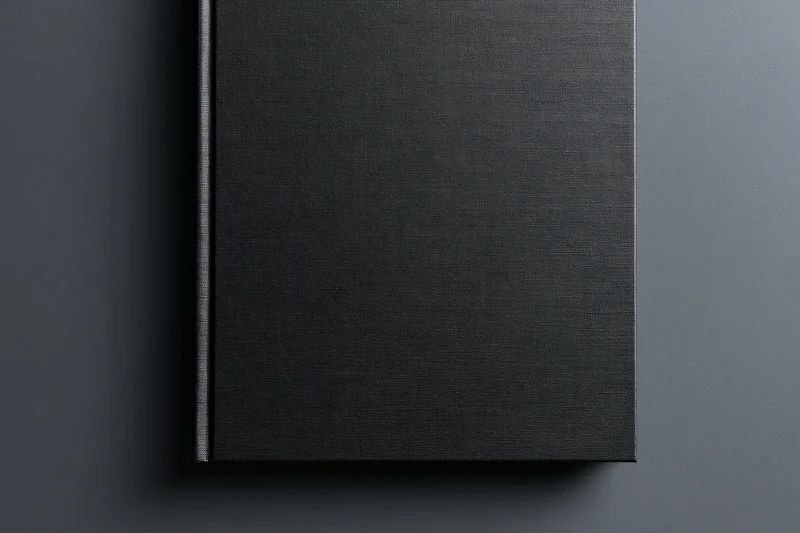 Black hardcover book lying flat on dark surface