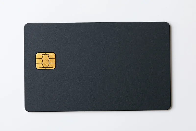 Matte black credit card with gold chip lying flat on white surface