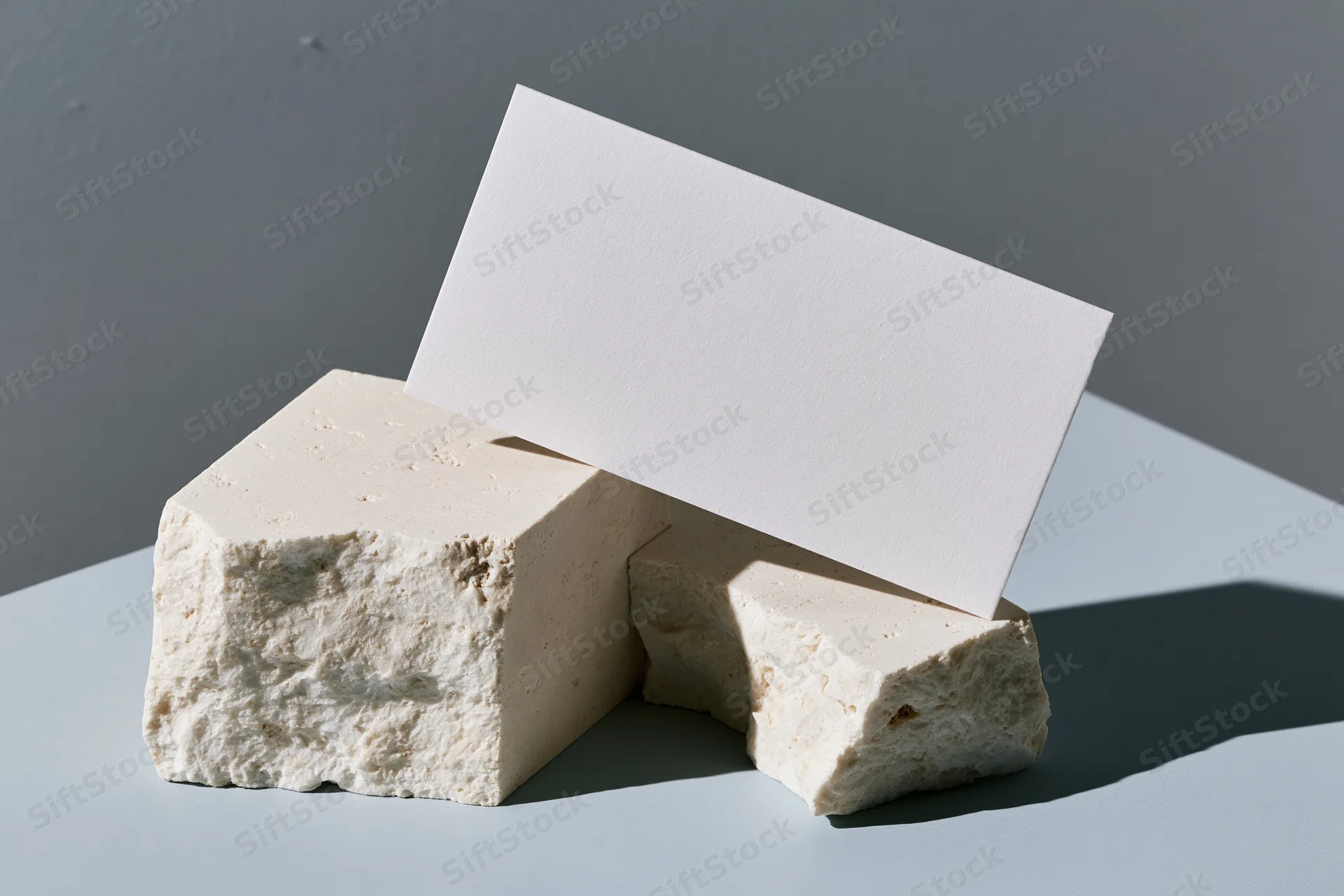 Blank white business card balanced diagonally across two stone blocks on a gray surface