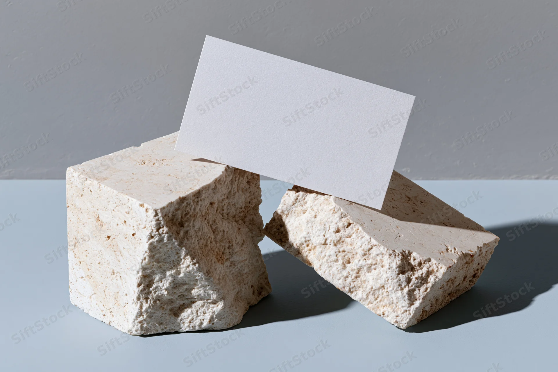 Blank white business card balanced diagonally across two rough stone blocks on a smooth gray surface