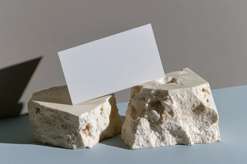 Blank business card balanced diagonally across two stone blocks on a light surface