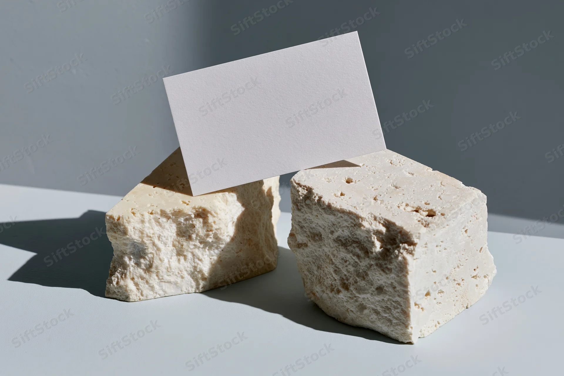 Blank white business card balanced diagonally across two travertine stone blocks on a light surface