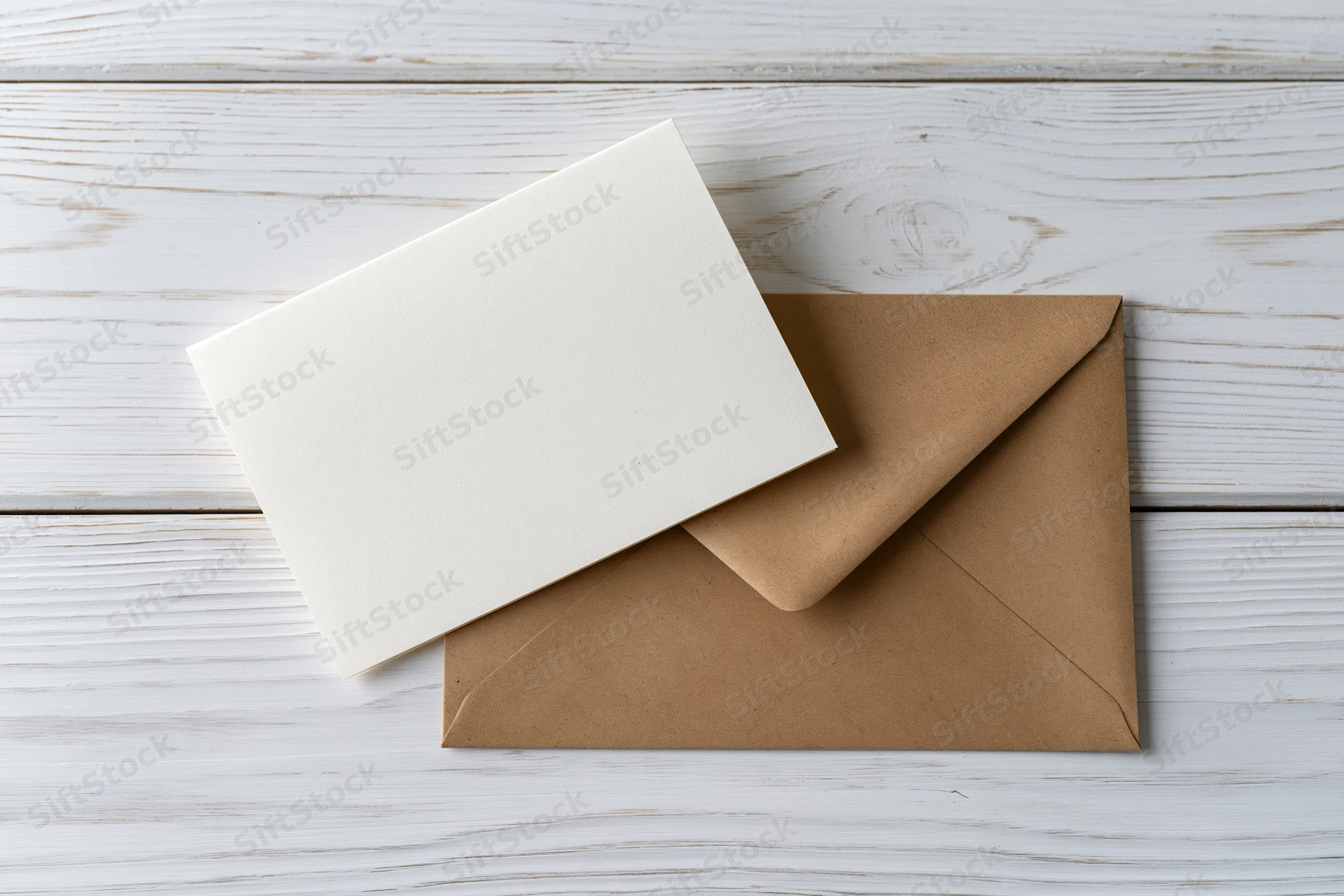 Blank white card resting on kraft envelope on white wooden surface