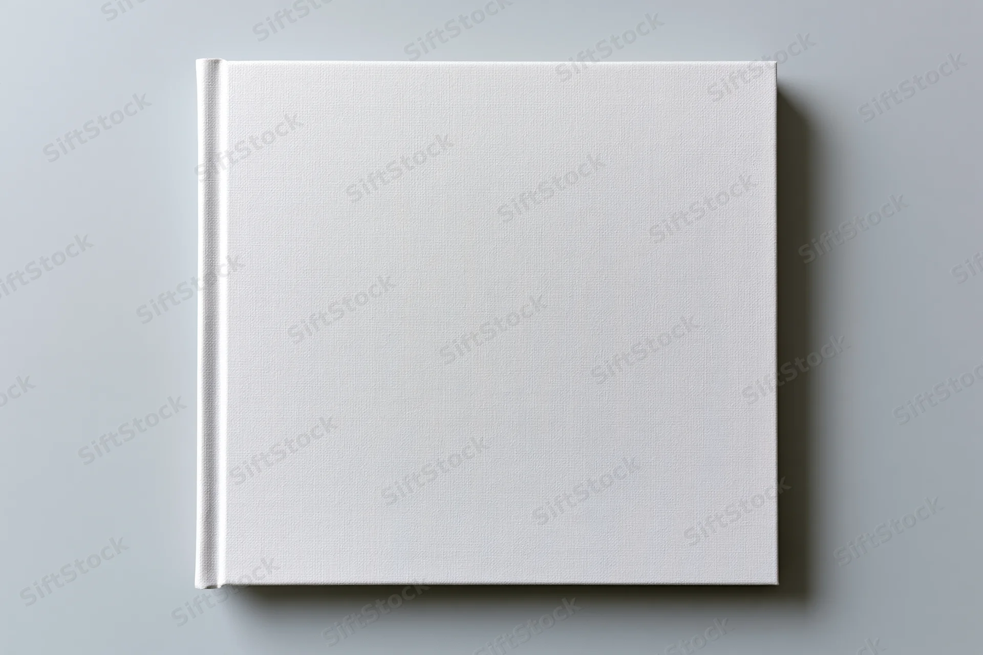 Blank white hardcover book lying flat on gray surface