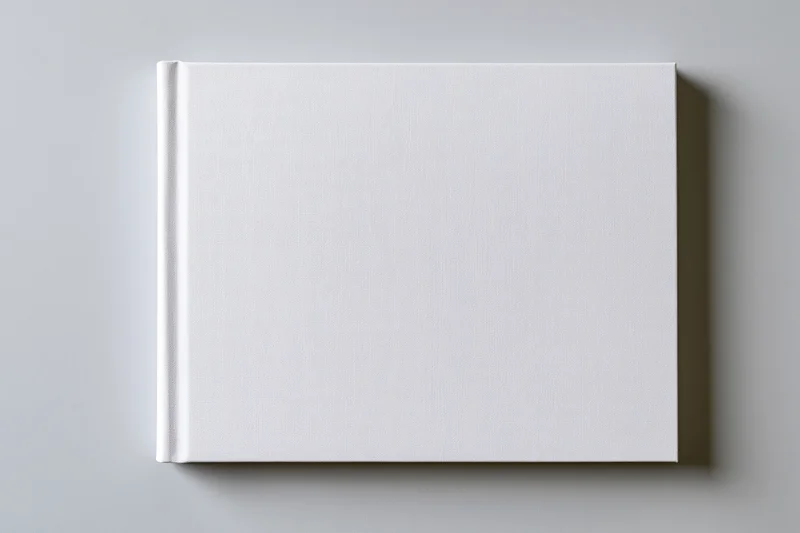 Blank white hardcover book lying flat on gray surface viewed from above