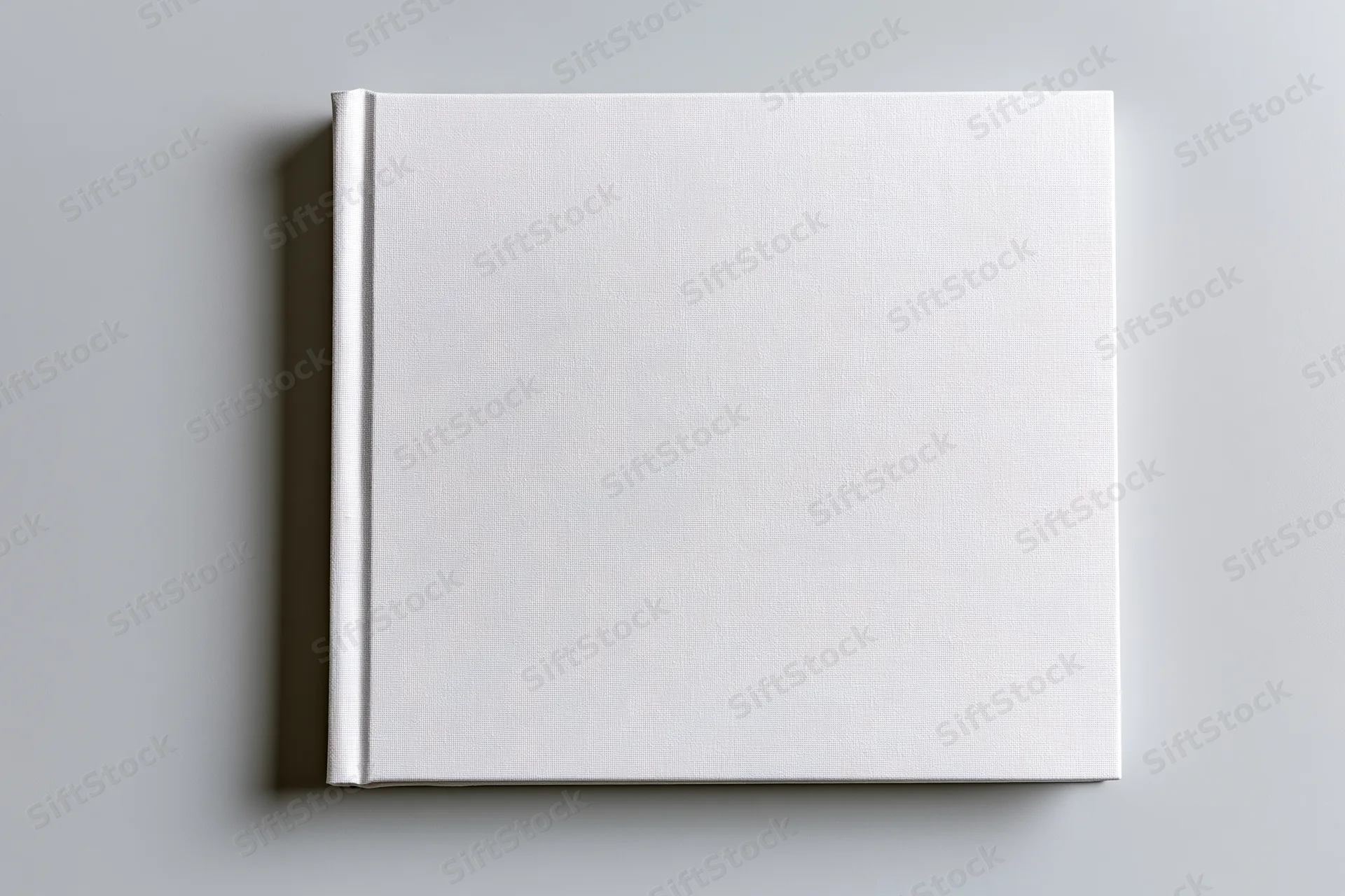 Blank white hardcover book lying flat on gray surface