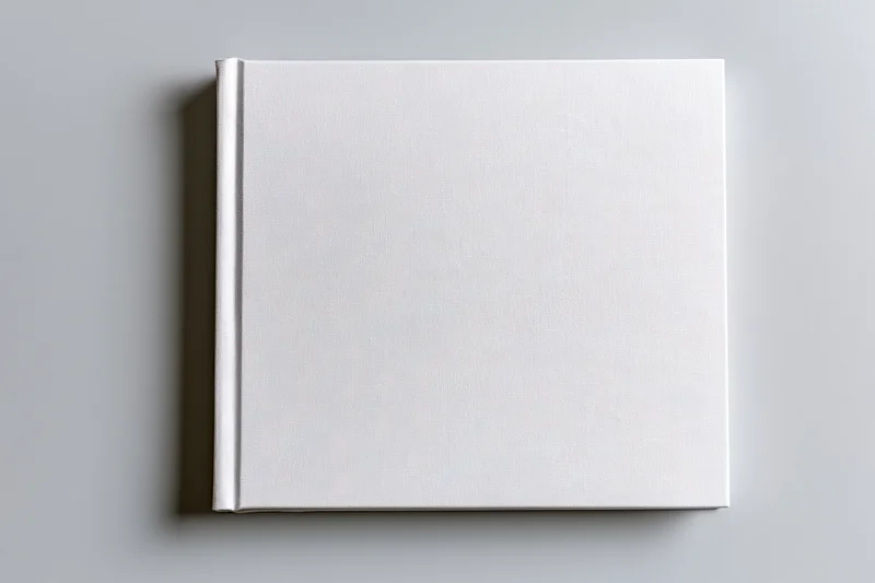 Blank white hardcover book lying flat on gray surface