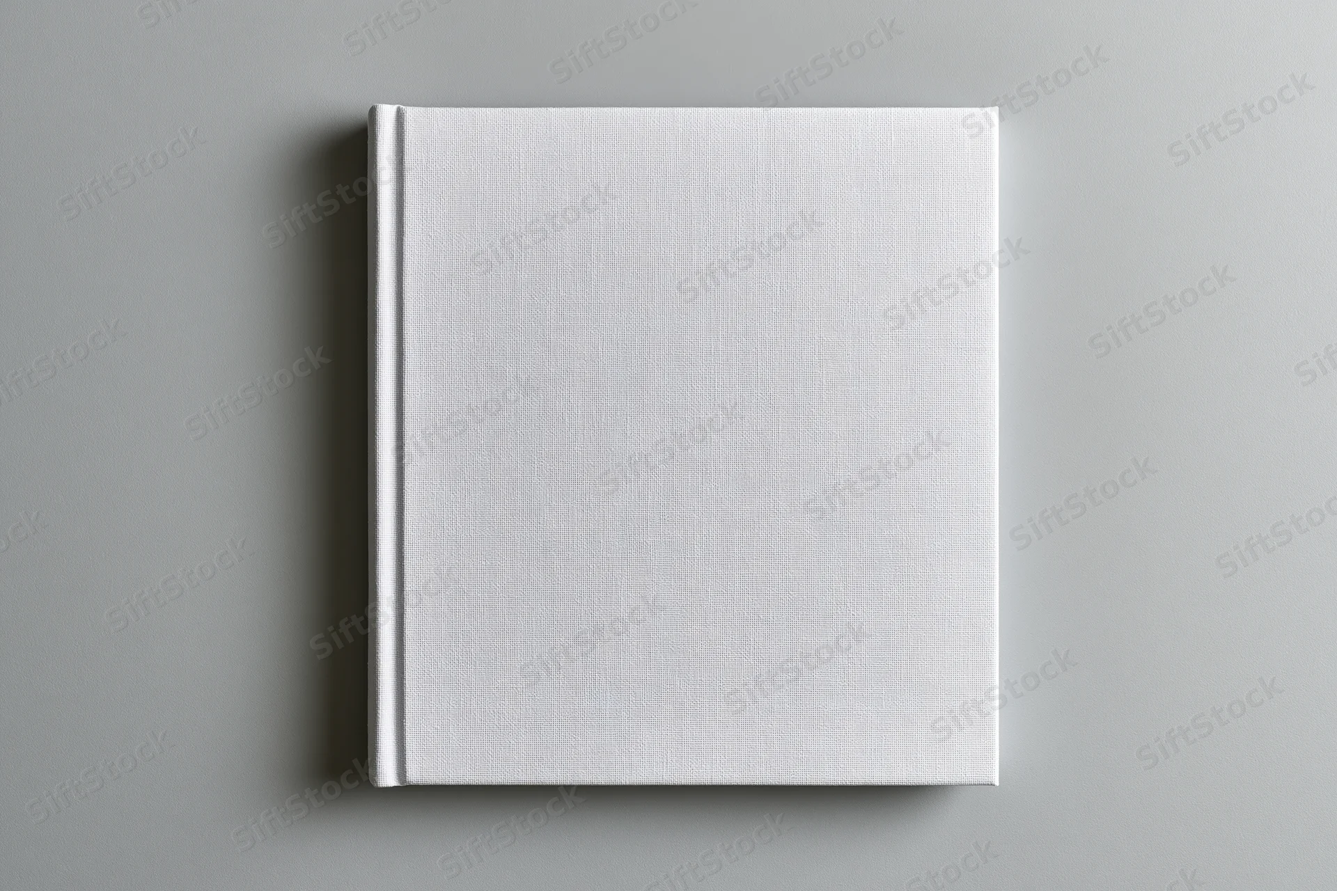 Blank white hardcover book lying flat on gray surface