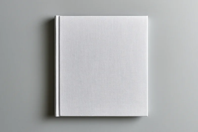 Blank white hardcover book lying flat on gray surface