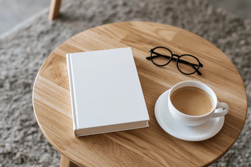 Blank white hardcover book with coffee cup and glasses on round wooden table