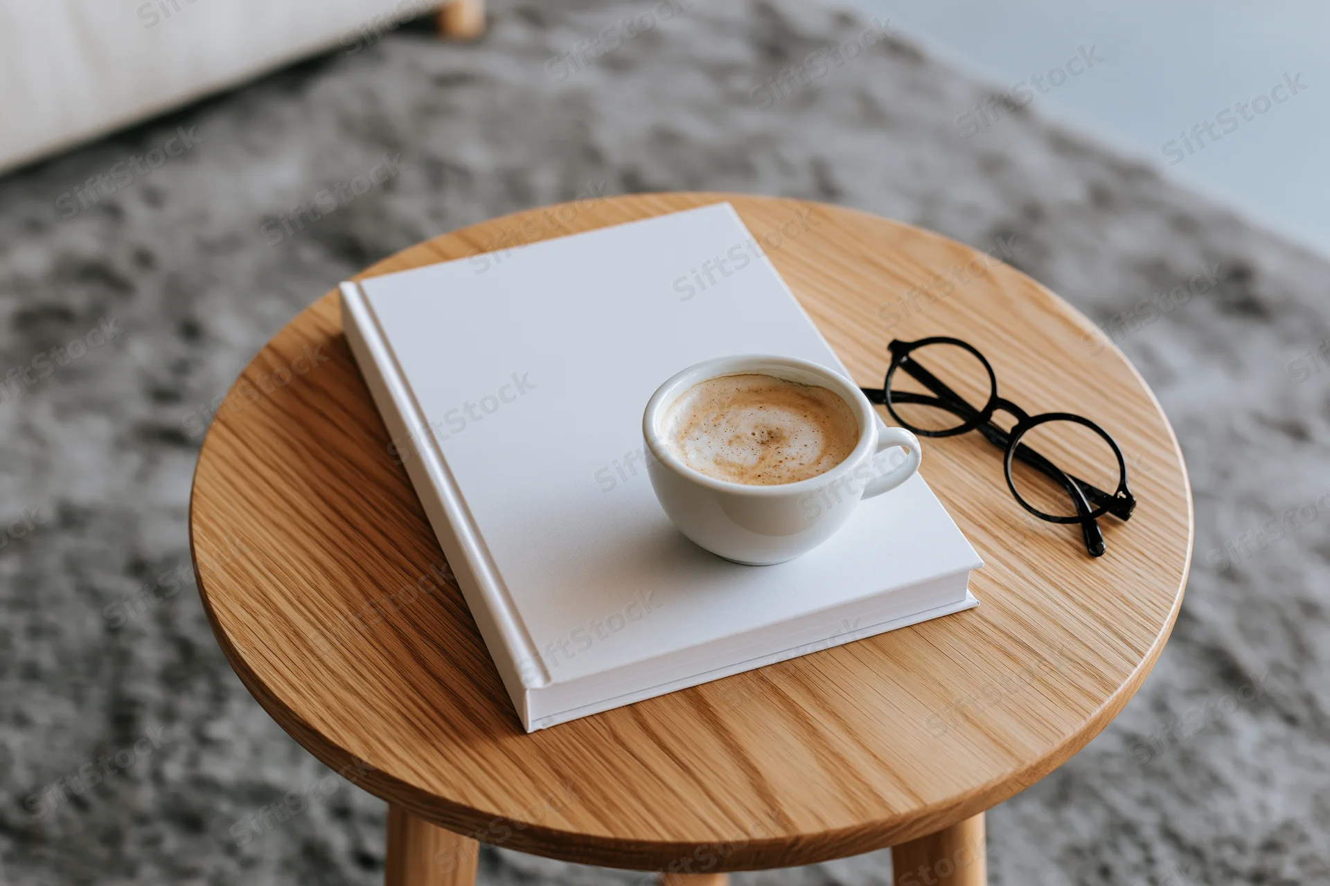 Blank white hardcover book with coffee cup and glasses on round wooden table in home setting
