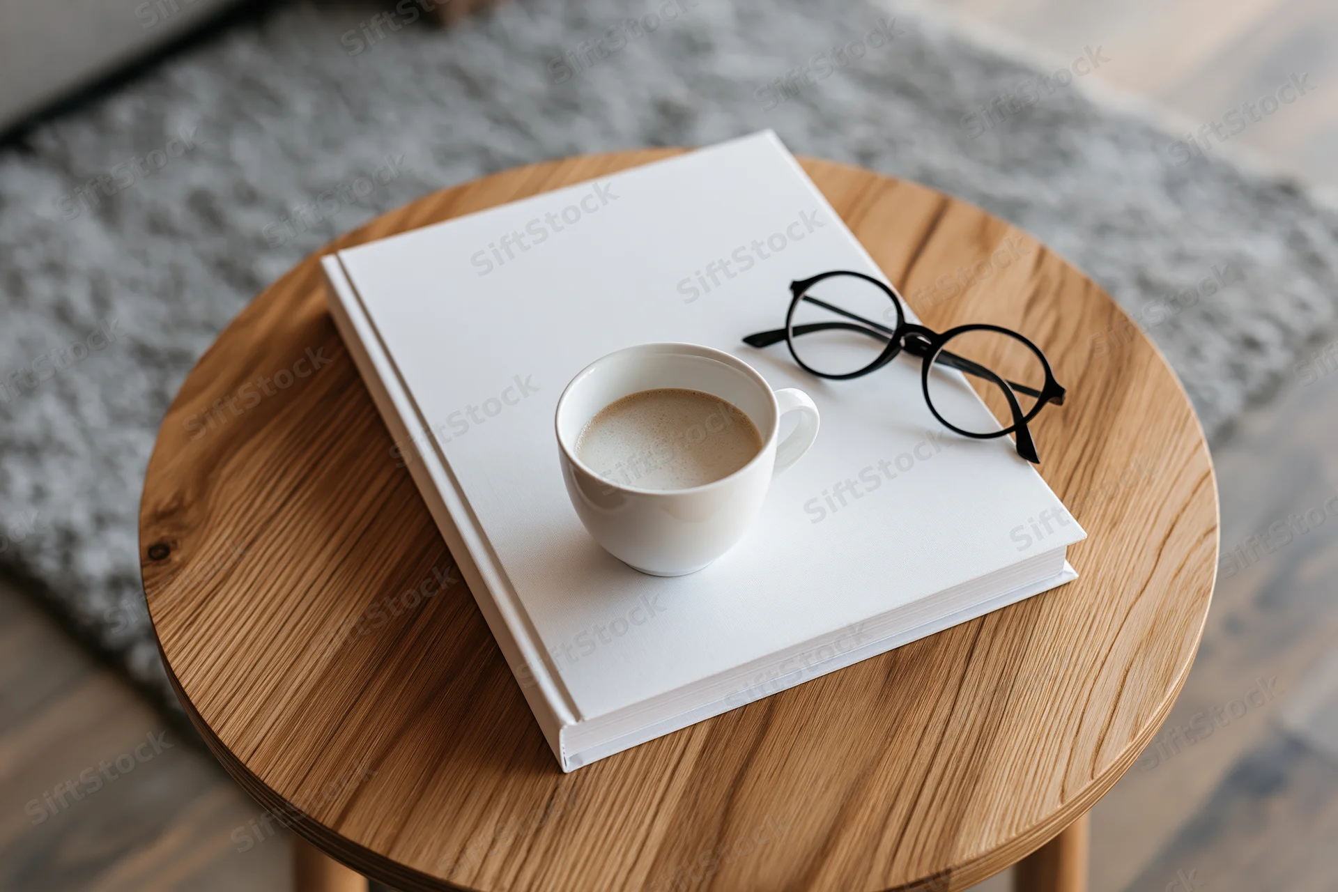 White hardcover book with coffee cup and glasses on round wooden table in living room